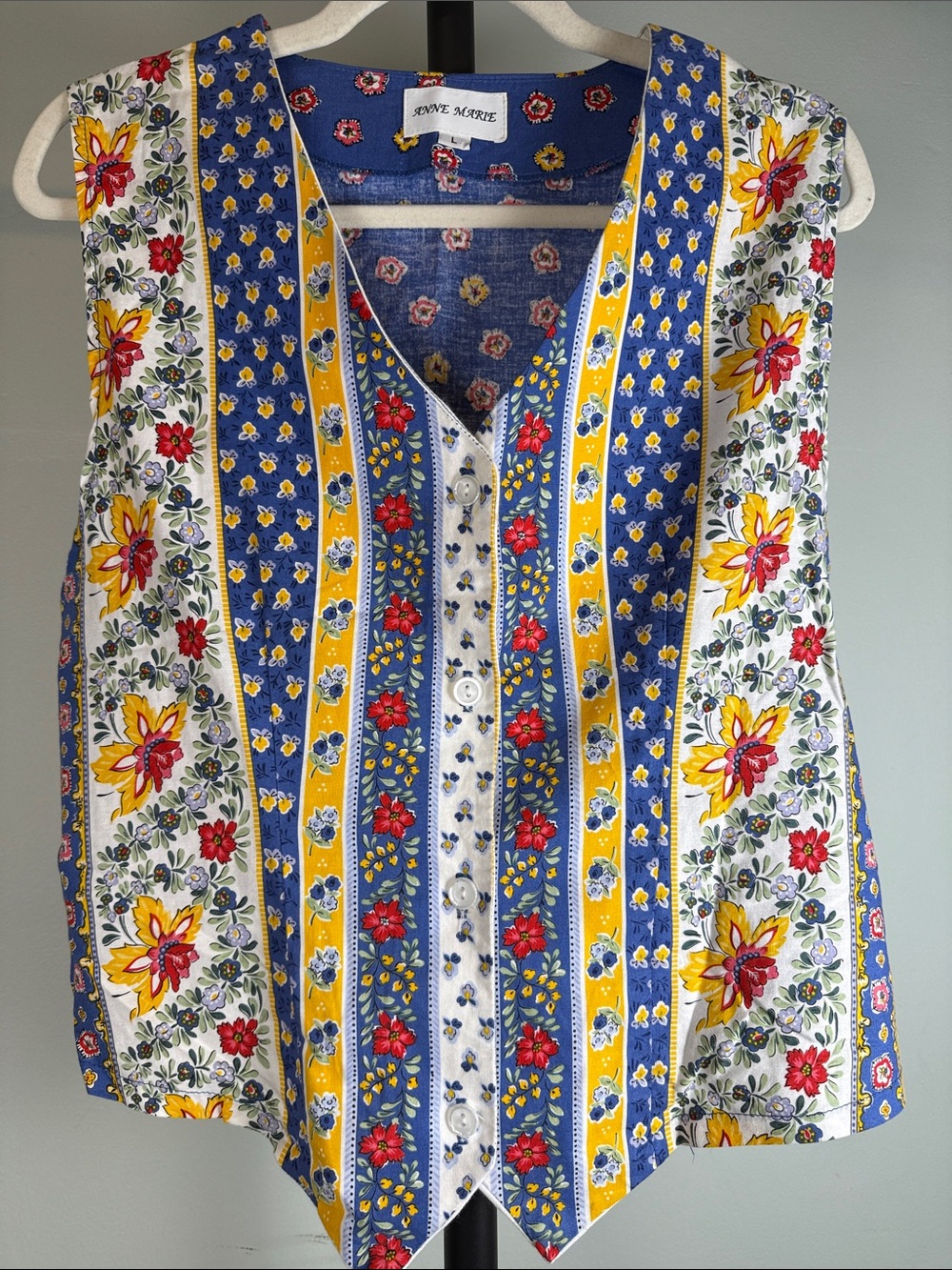 ✨VTG 90s Anne Marie French-Provencal Floral Patchwork Vest Large Blue Yellow EUC